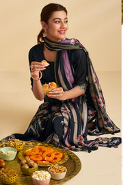 Party Wear Navy Blue Digital Print Salwar Suit In Bemberg slub silk Fabric